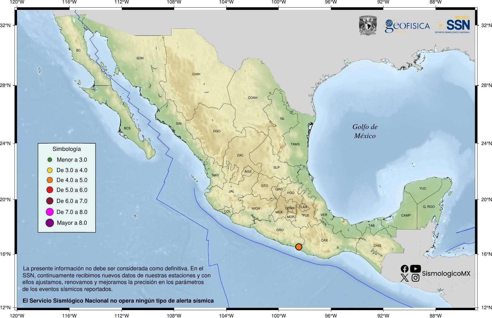 Sismo de magnitud 4.2 se registra cerca de Ometepec, Guerrero