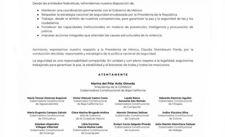 Salgado comparte comunicado de la CONAGO en respaldo a la paz y el orden