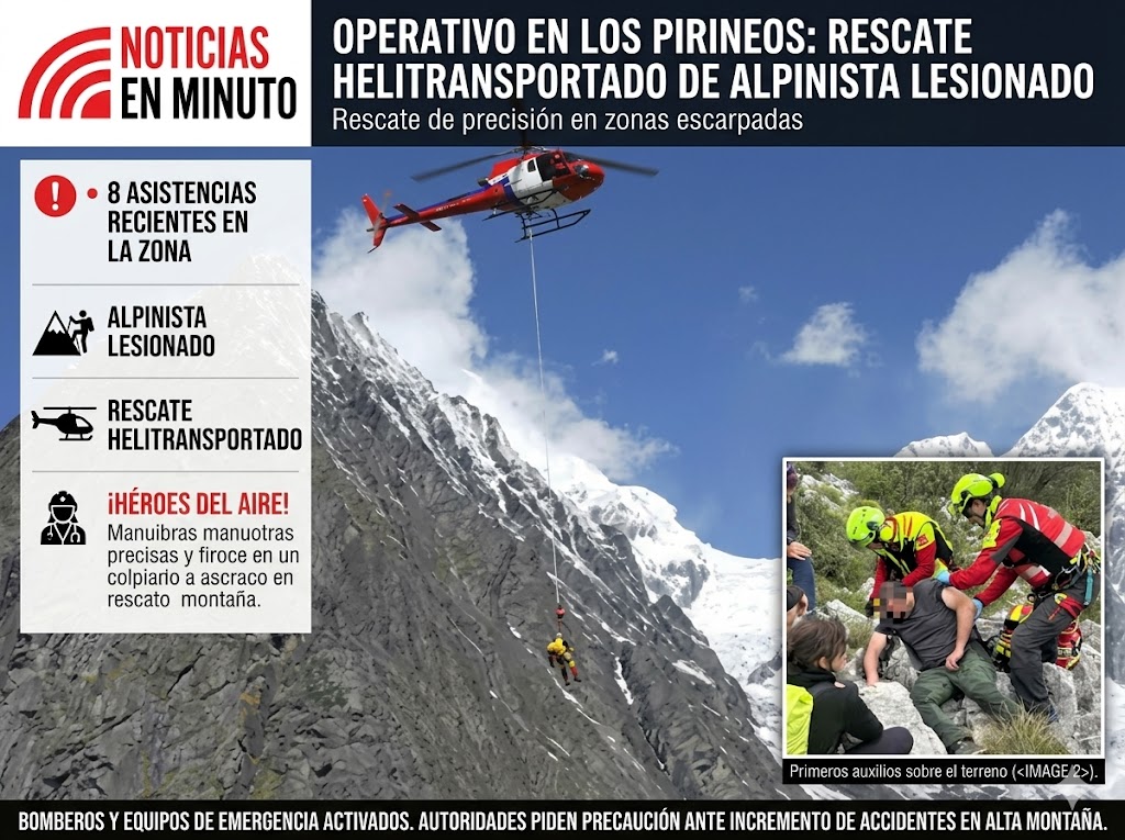 ¡Héroes en las alturas! Rescatan en helicóptero a alpinista herido en los Pirineos; suman 8 operativos en la zona