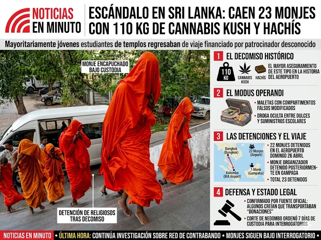 Escándalo en Sri Lanka: Detienen a 23 monjes budistas con 110 kilos de droga oculta en su equipaje