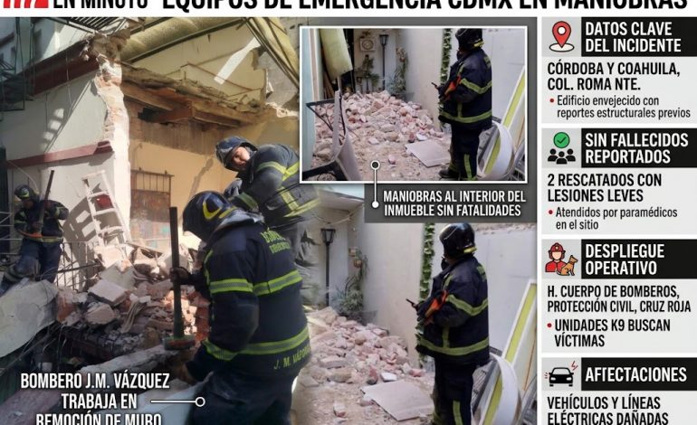 Colapsa casona abandonada en la colonia Roma; escombros aplastan vehículo y desatan pánico