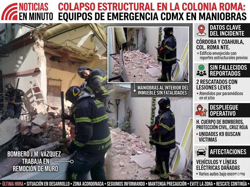 Colapsa casona abandonada en la colonia Roma; escombros aplastan vehículo y desatan pánico