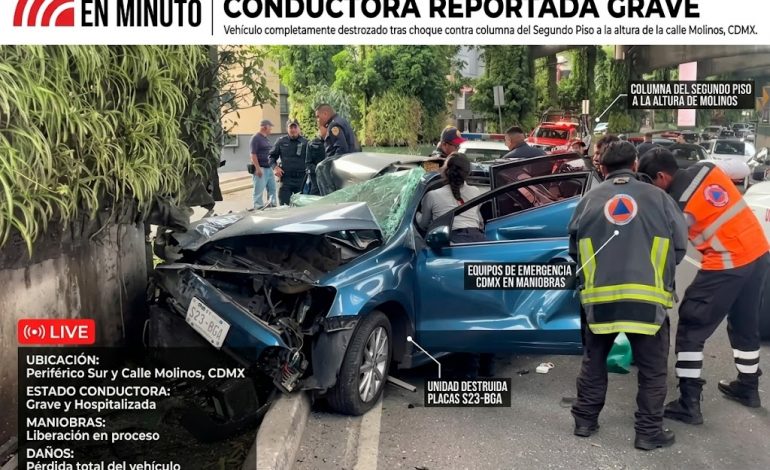 Aparatoso choque en Periférico Sur: automóvil se estrella contra columna y deja a conductora en estado grave