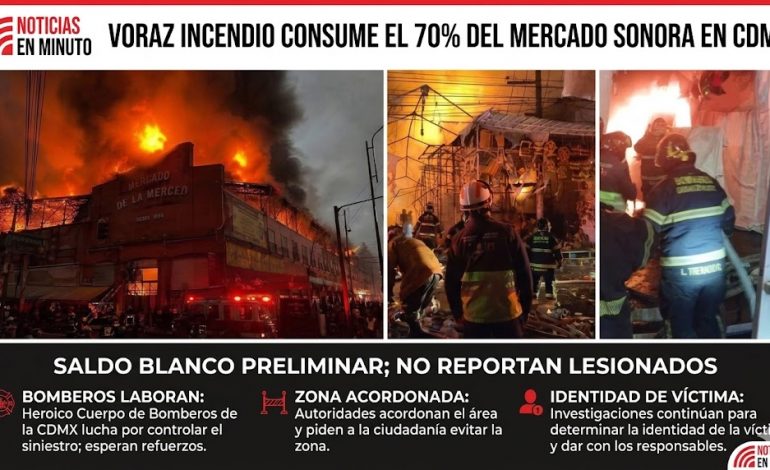 Voraz incendio consume el 70% del Mercado Sonora en la CDMX; descartan pérdidas humanas