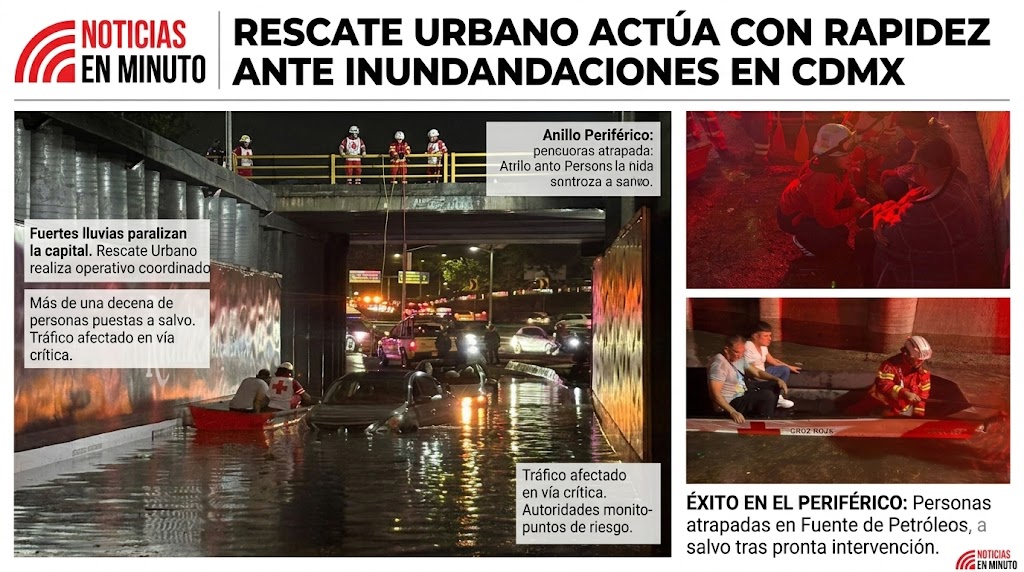 Rápida intervención de Rescate Urbano salva a personas atrapadas por inundación en Anillo Periférico de CDMX