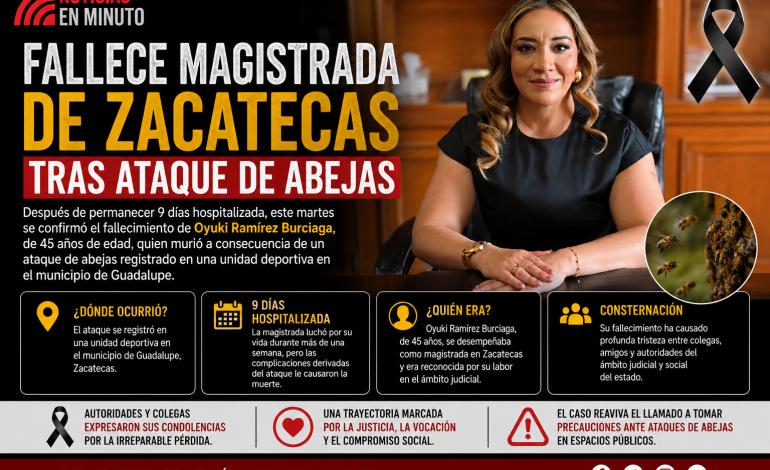 Fallece magistrada de Zacatecas tras ataque de abejas en unidad deportiva