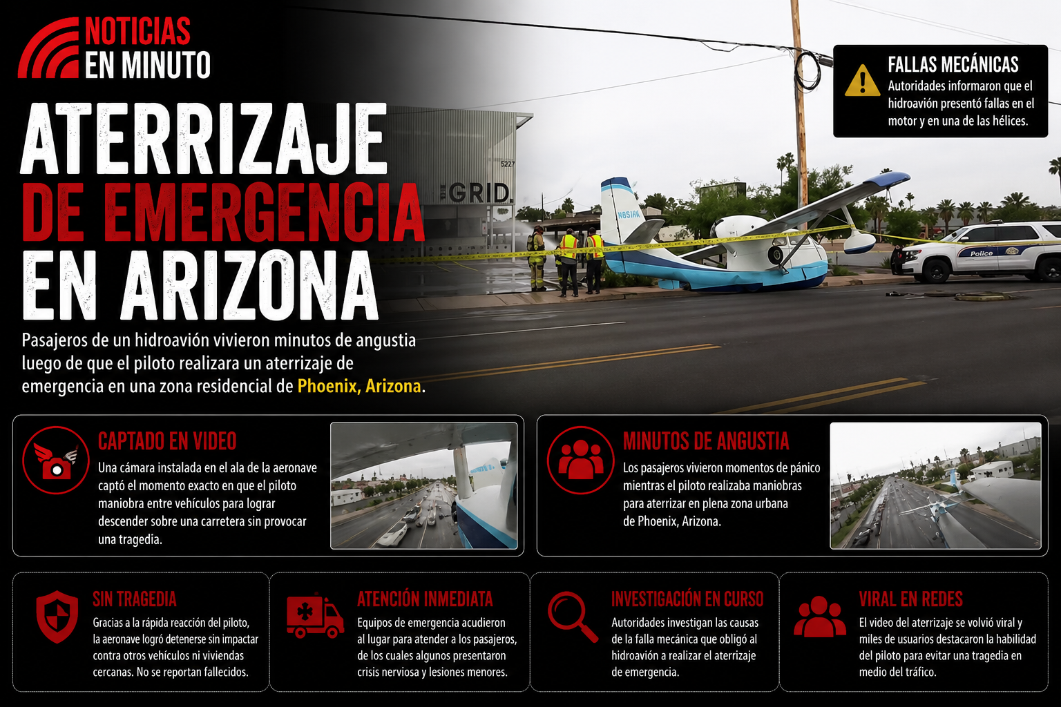 Hidroavión realiza aterrizaje de emergencia en plena zona urbana de Arizona