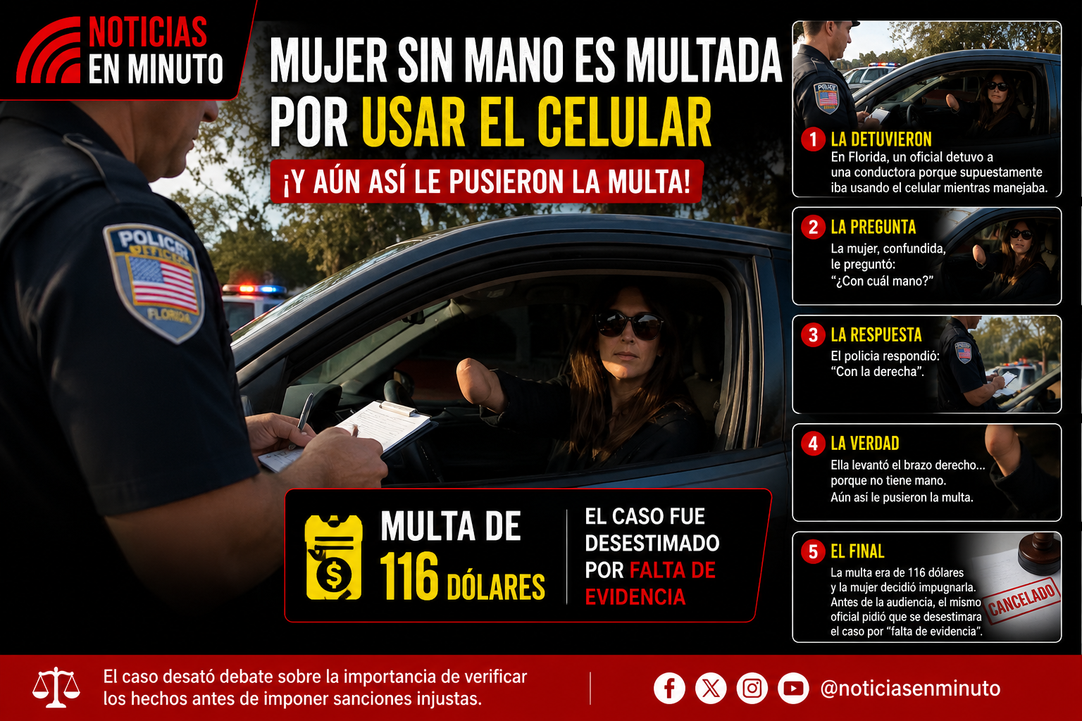 Mujer sin mano recibe multa por “usar el celular” mientras manejaba en Florida