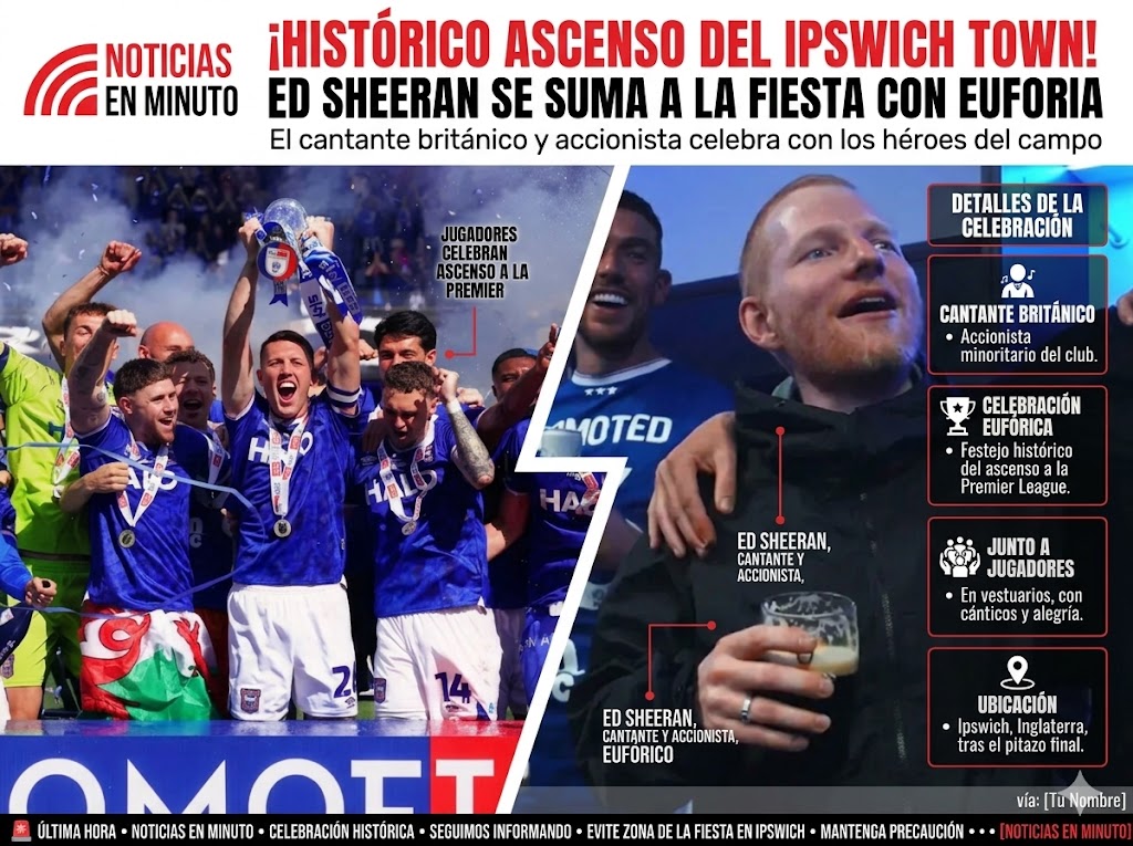 ¡De la tribuna al vestidor! Ed Sheeran celebra eufórico el histórico ascenso del Ipswich Town a la Premier League