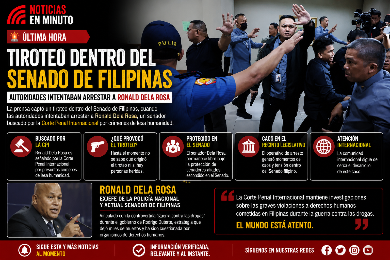 Tensión y caos en el Senado de Filipinas tras intento de arresto contra Ronald Dela Rosa