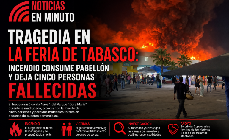 Tragedia en la Feria de Tabasco: incendio consume pabellón y deja cinco personas fallecidas