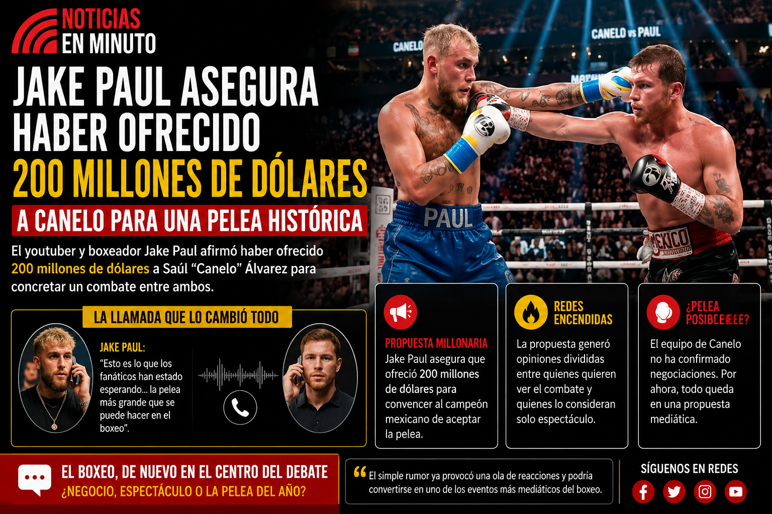 Jake Paul asegura haber ofrecido 200 millones de dólares al “Canelo” para una pelea histórica