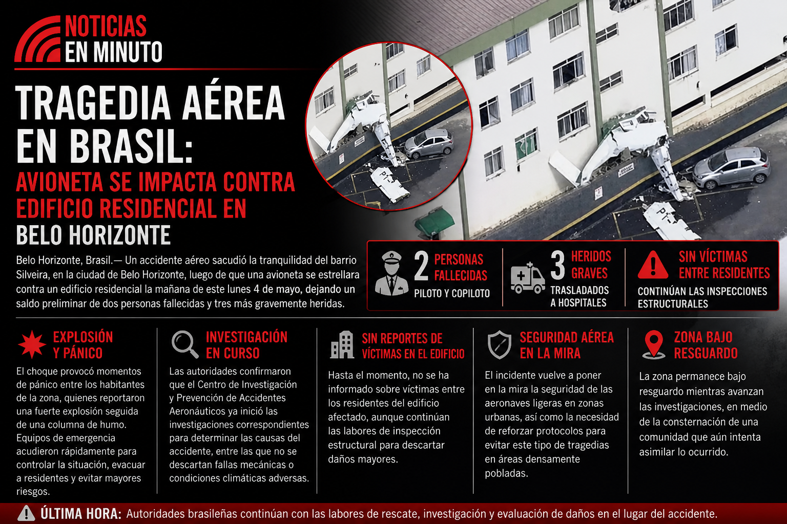 Tragedia aérea en Brasil: avioneta se impacta contra edificio residencial en Belo Horizonte