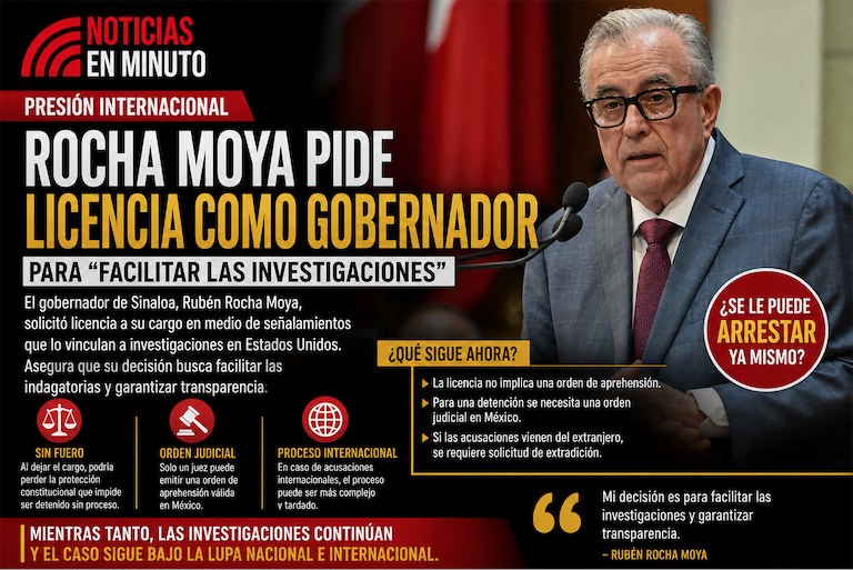 Rocha Moya pide licencia en medio de presión internacional; expertos aclaran si puede ser detenido