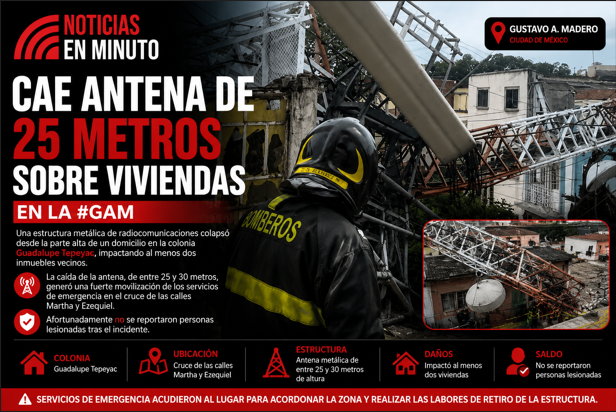 Colapsa antena de radiocomunicación sobre viviendas en la GAM; no hubo lesionados