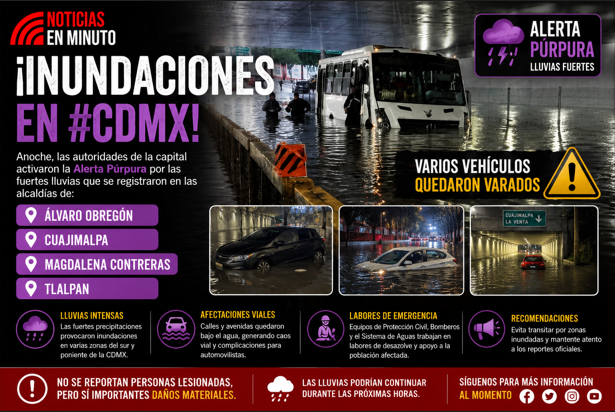 Fuertes lluvias provocan inundaciones y caos vial en la CDMX