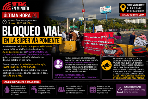 Bloqueo en Súper Vía Poniente desata caos vial por protesta ante falta de agua en Álvaro Obregón