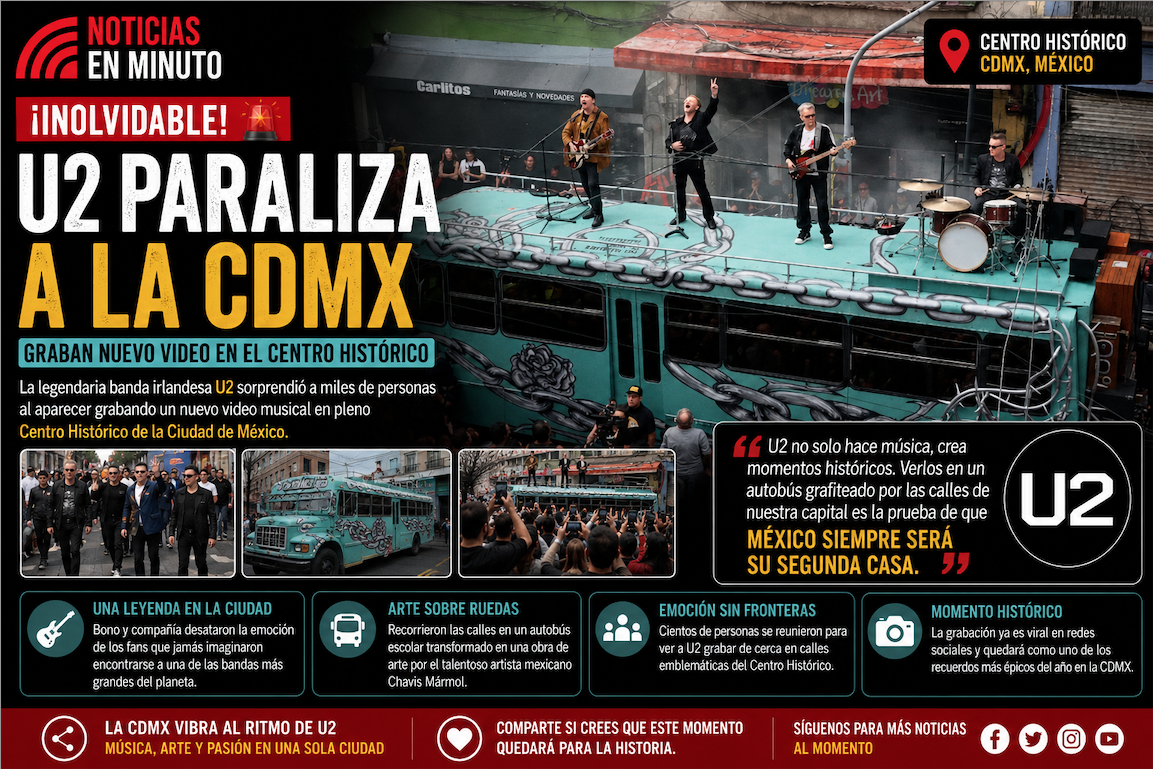 U2 paraliza el corazón de la CDMX con grabación sorpresa en el Centro Histórico