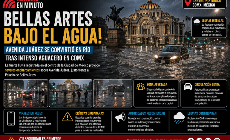 Bellas Artes bajo el agua: intensa lluvia convierte Avenida Juárez en un río en plena CDMX