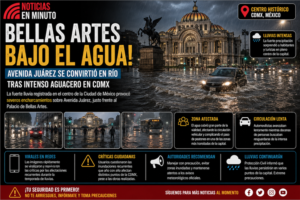 Bellas Artes bajo el agua: intensa lluvia convierte Avenida Juárez en un río en plena CDMX