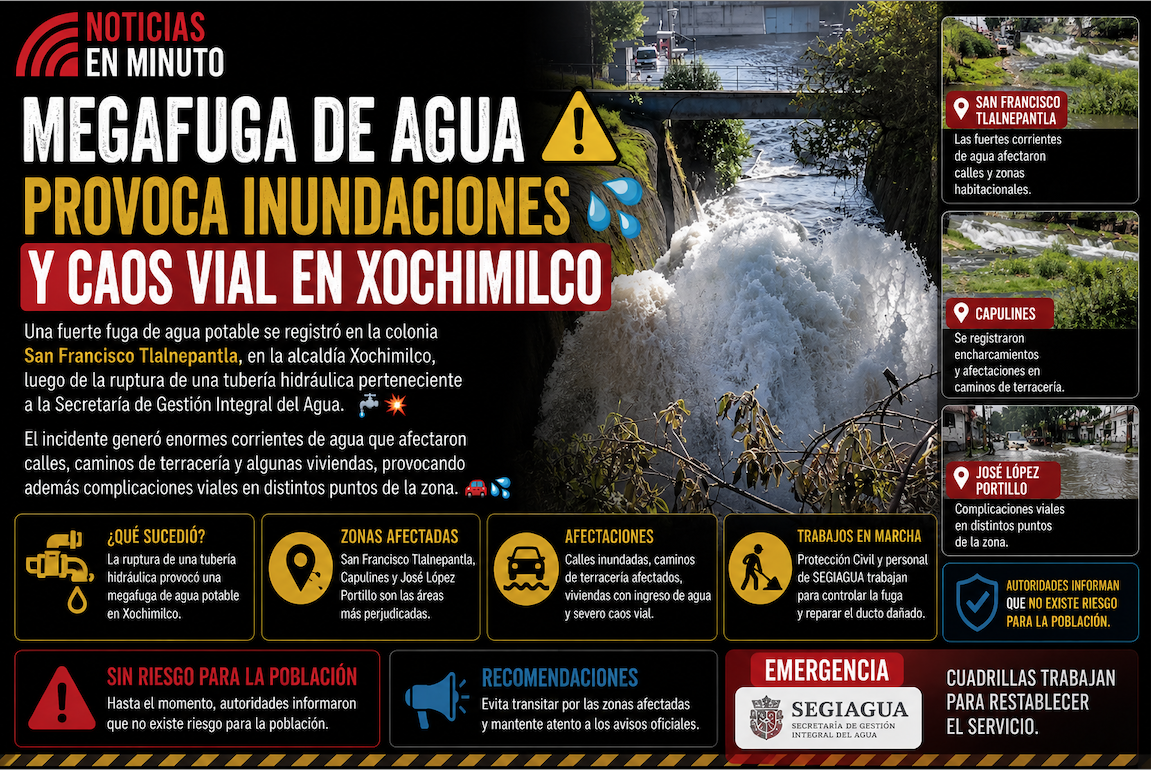 Megafuga de agua desata inundaciones y caos vial en Xochimilco