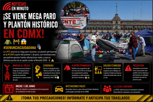 CNTE anuncia mega paro nacional y plantón permanente en la CDMX rumbo al Mundial 2026