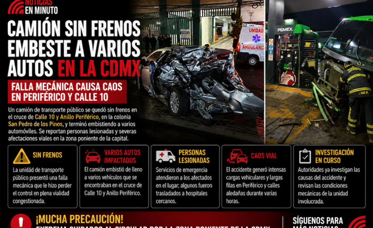Camión sin frenos provoca fuerte accidente en Periférico y Calle 10, en San Pedro de los Pinos