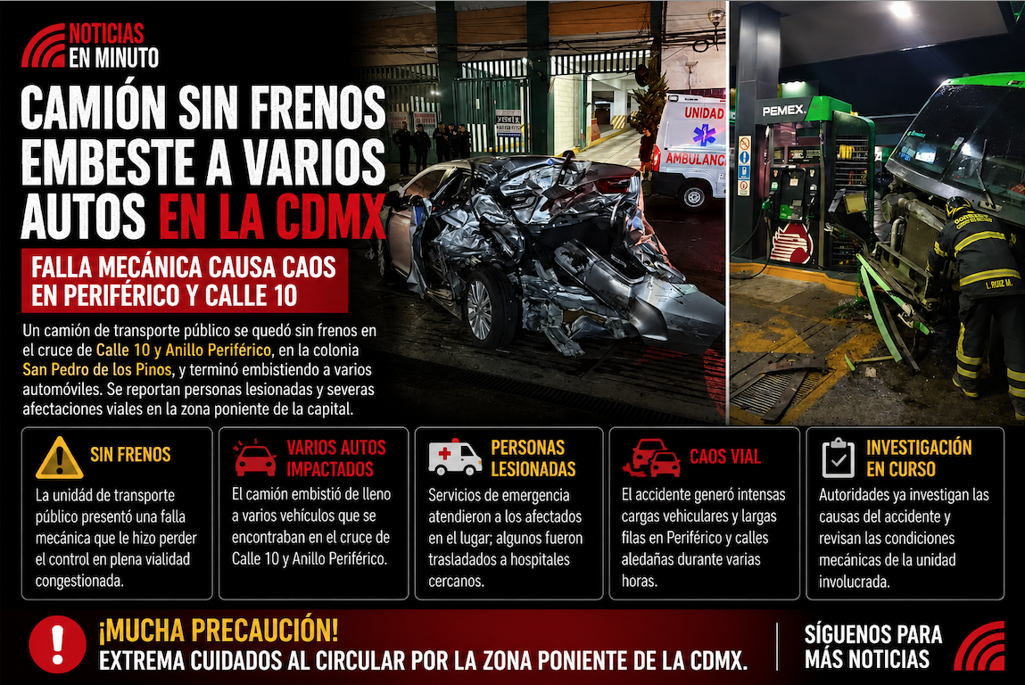 Camión sin frenos provoca fuerte accidente en Periférico y Calle 10, en San Pedro de los Pinos