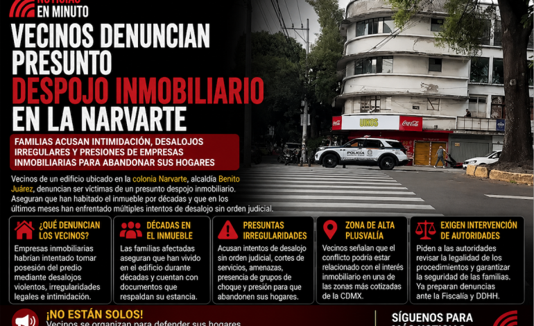 Denuncian presunto despojo inmobiliario en edificio de la Narvarte; vecinos acusan intimidaciones y desalojos violentos