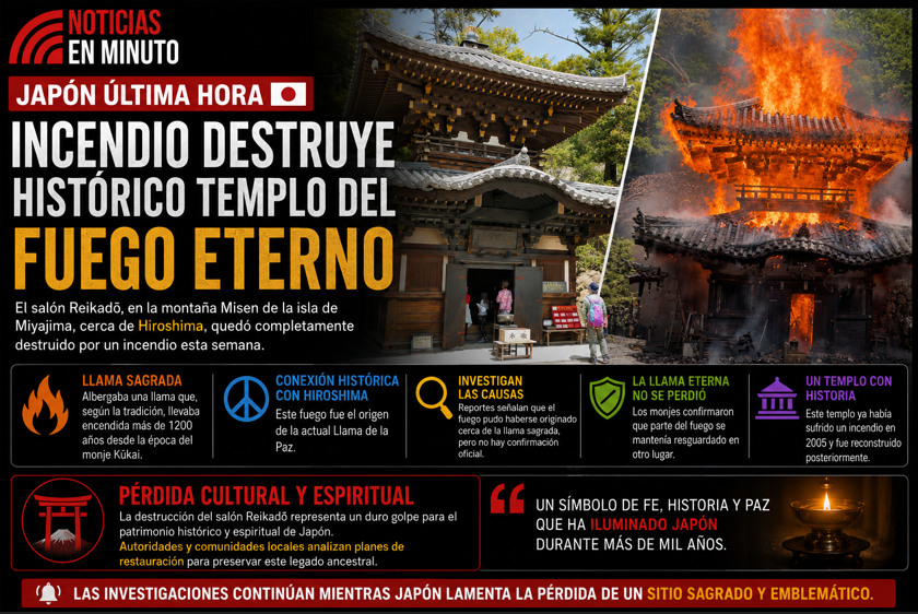 Incendio destruye histórico templo del “fuego eterno” en Japón; investigan origen del siniestro