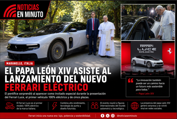El papa León XIV sorprende al asistir al lanzamiento del nuevo Ferrari eléctrico