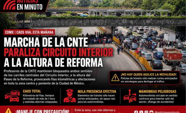 Marcha de la CNTE provoca caos vial y largas filas en Circuito Interior de la CDMX