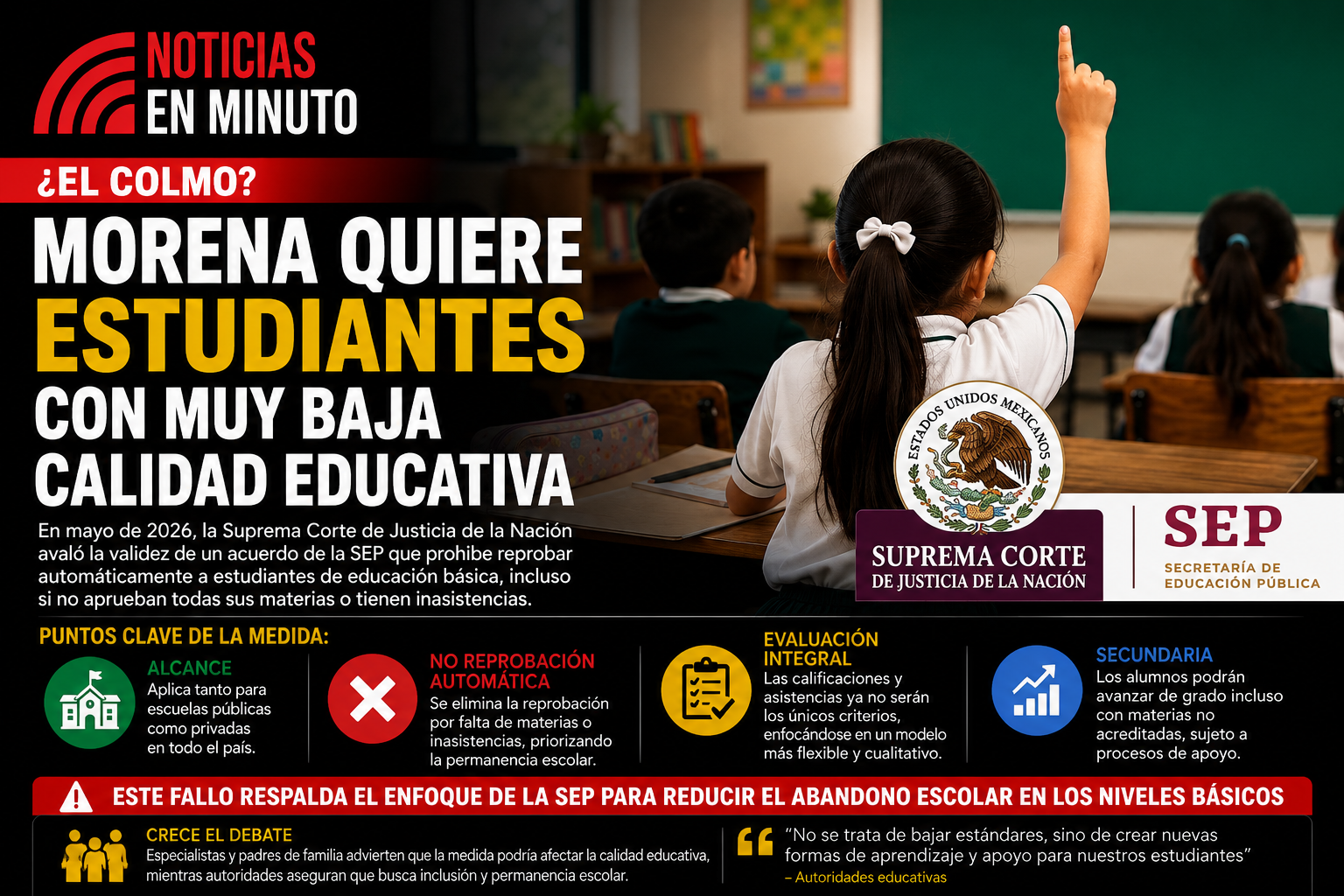 Avala SCJN nuevo modelo educativo de la SEP; crece debate por eliminación de reprobación automática