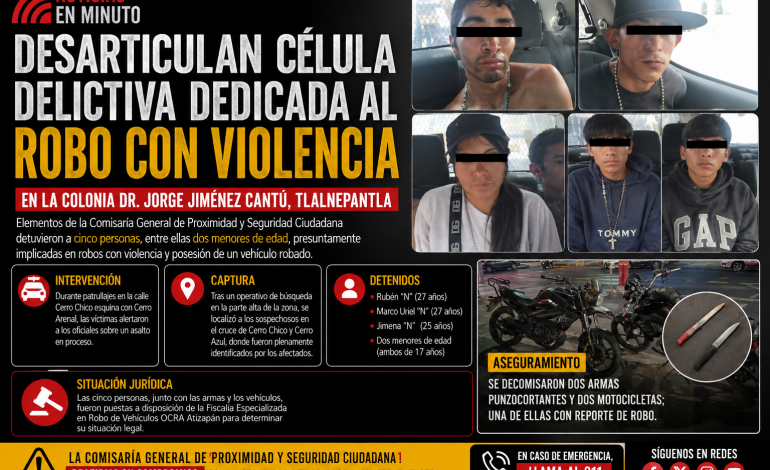Desarticulan presunta banda de asaltantes en Tlalnepantla; hay cinco detenidos
