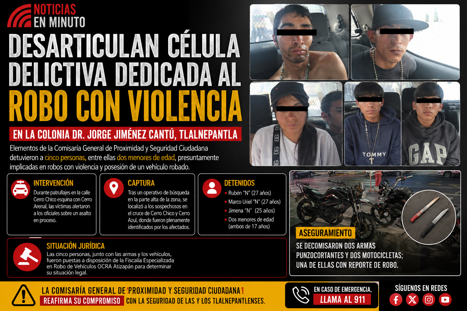 Desarticulan presunta banda de asaltantes en Tlalnepantla; hay cinco detenidos
