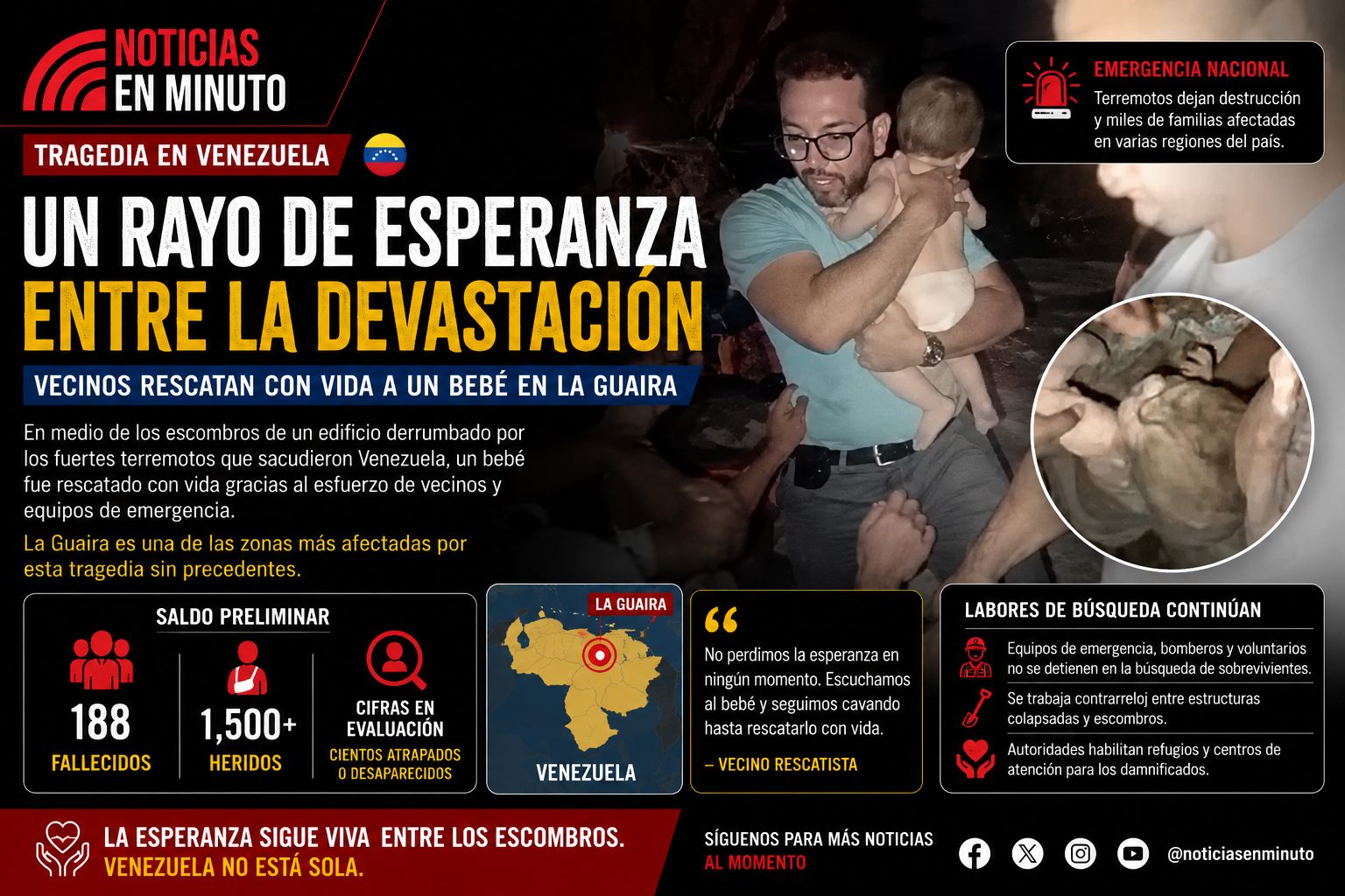 BEBÉ ES RESCATADO CON VIDA ENTRE LOS ESCOMBROS EN VENEZUELA; LA ESPERANZA SURGE EN MEDIO DE LA TRAGEDIA