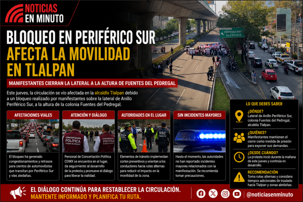 Manifestantes bloquean lateral de Periférico Sur en Tlalpan; afectan circulación en Fuentes del Pedregal