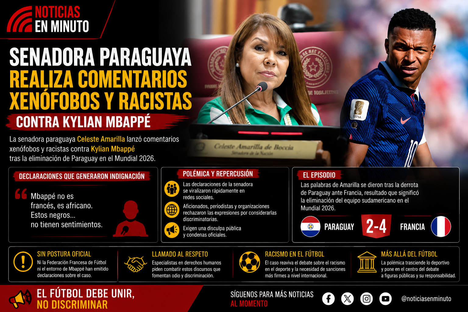 Senadora paraguaya desata polémica por comentarios xenófobos y racistas contra Kylian Mbappé tras eliminación mundialista