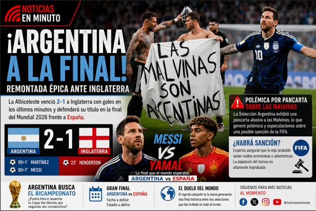 Argentina remonta ante Inglaterra y defenderá su corona frente a España; polémica por pancarta sobre las Islas Malvinas marca la semifinal