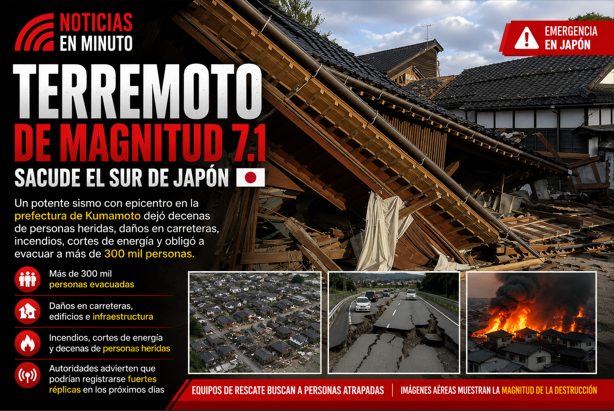 Terremoto de magnitud 7.1 golpea el sur de Japón; miles de personas son evacuadas y continúan las labores de rescate
