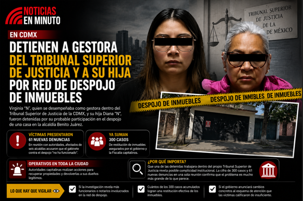 Detienen a presunta gestora del Tribunal Superior de Justicia y a su hija por red de despojo de inmuebles en la CDMX