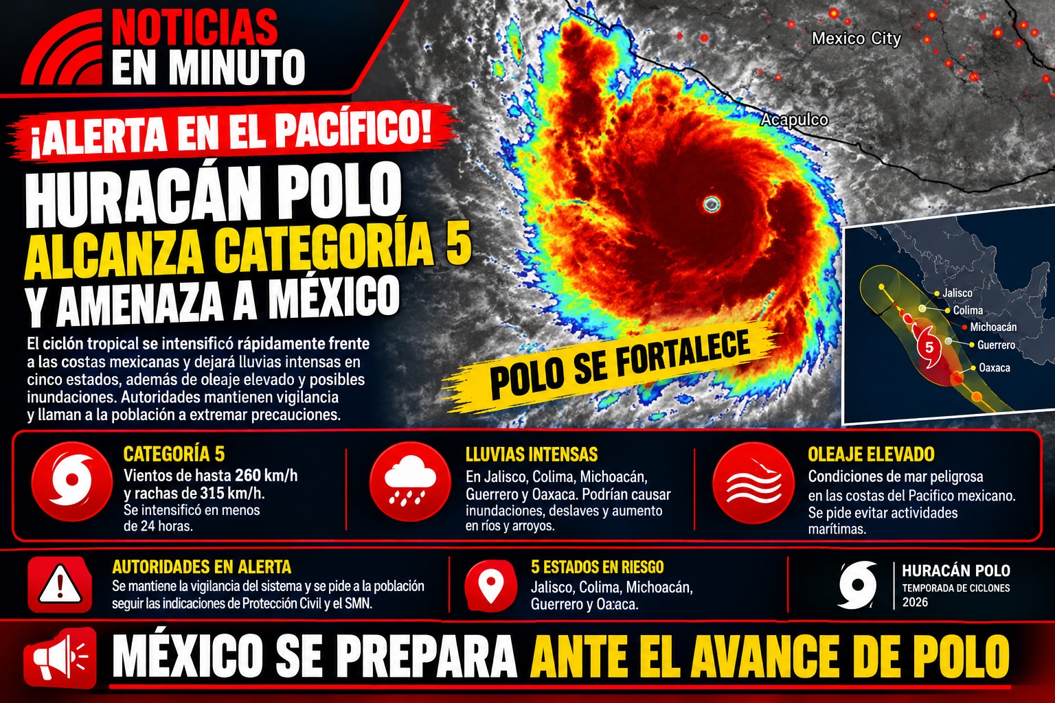 ¡POLO SE FORTALECE FRENTE A MÉXICO! EL CICLÓN YA ALCANZA CATEGORÍA 5