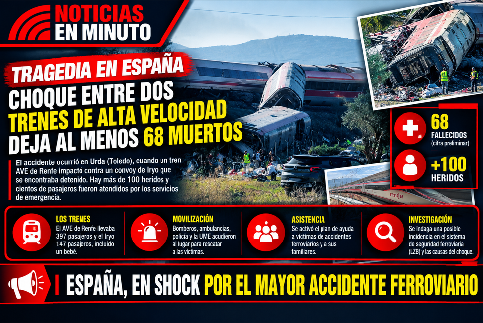 TRAGEDIA FERROVIARIA EN ESPAÑA: CHOQUE ENTRE DOS TRENES DE ALTA VELOCIDAD DEJA AL MENOS 68 MUERTOS